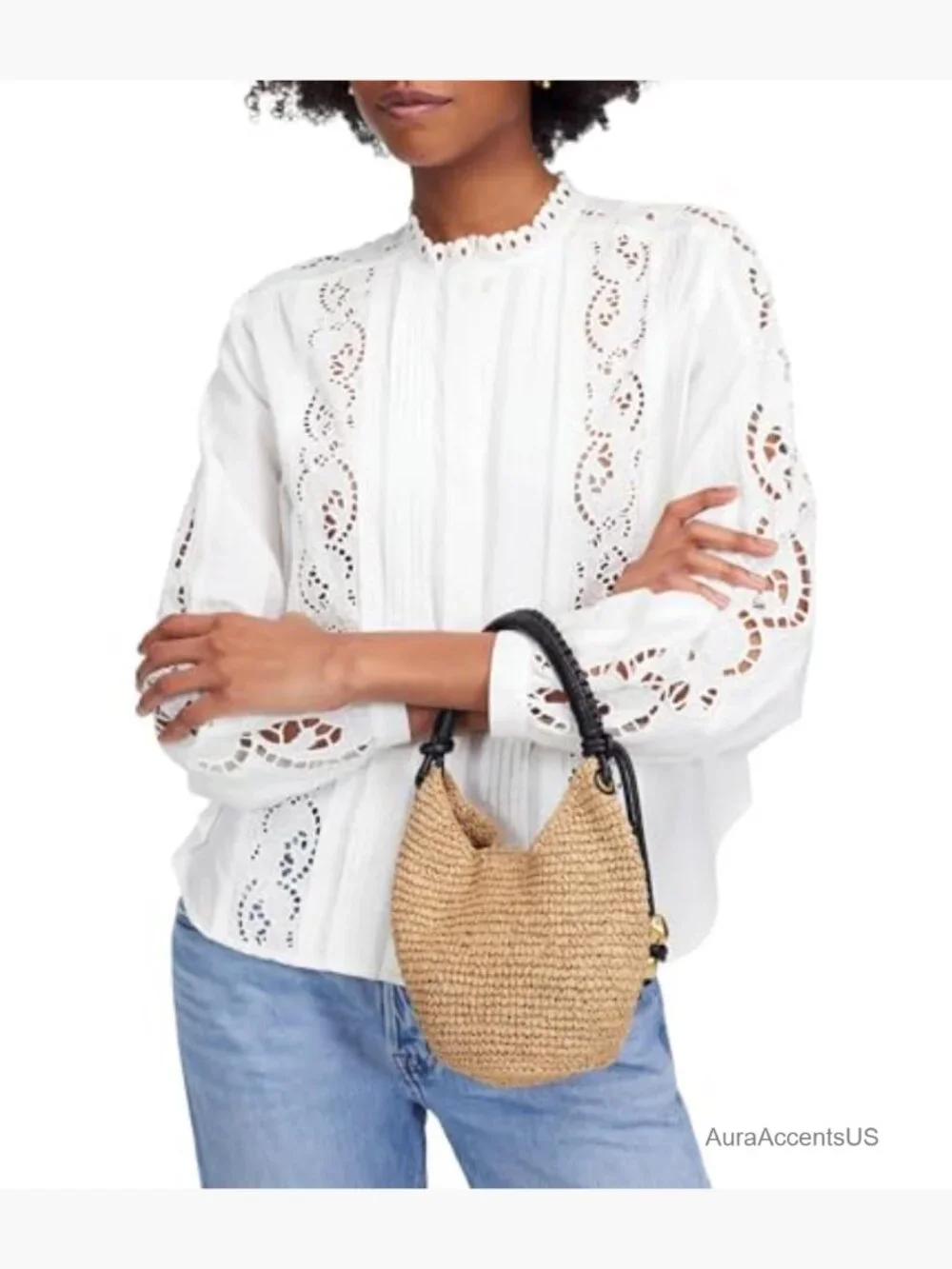 Mini Woven Straw Shoulder Bag with Bead Accents - Picture 3 of 7